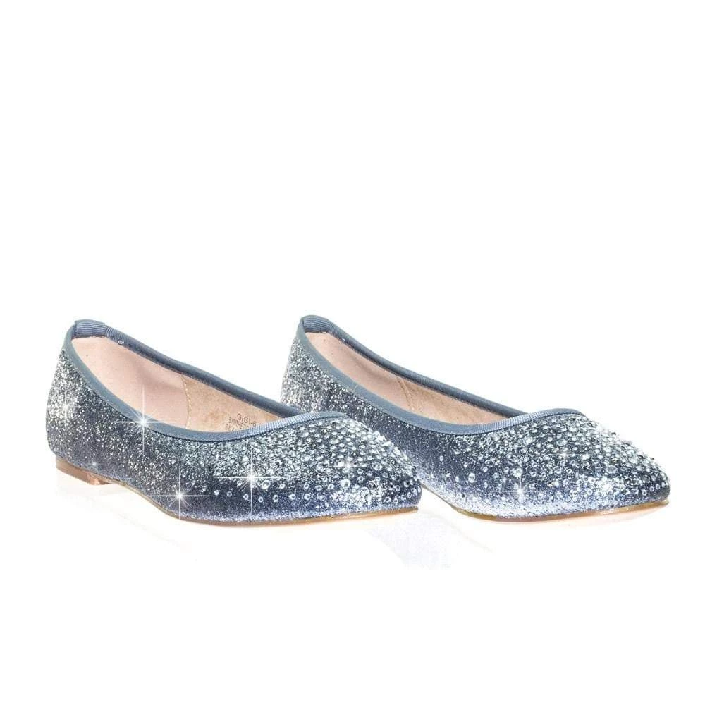 Gigi6 By Bamboo Women's Round Toe Ballet Flats With Iridescent Rhinestone Studs On Glitter Vamp