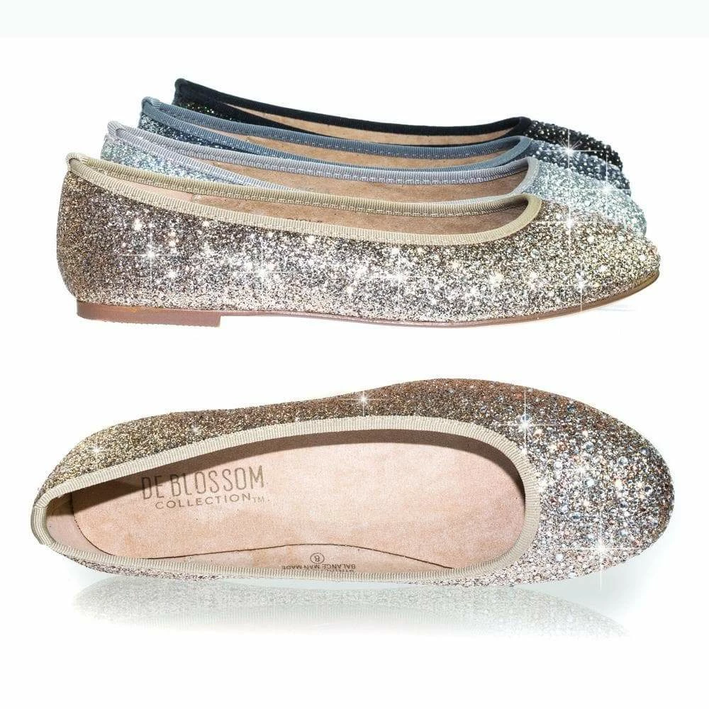Gigi6 By Bamboo Women's Round Toe Ballet Flats With Iridescent Rhinestone Studs On Glitter Vamp
