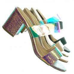 Bamboo New Headline13 Iridescent Lucite Strap Mule - Womens Open Toe Chunky Heel Sandals