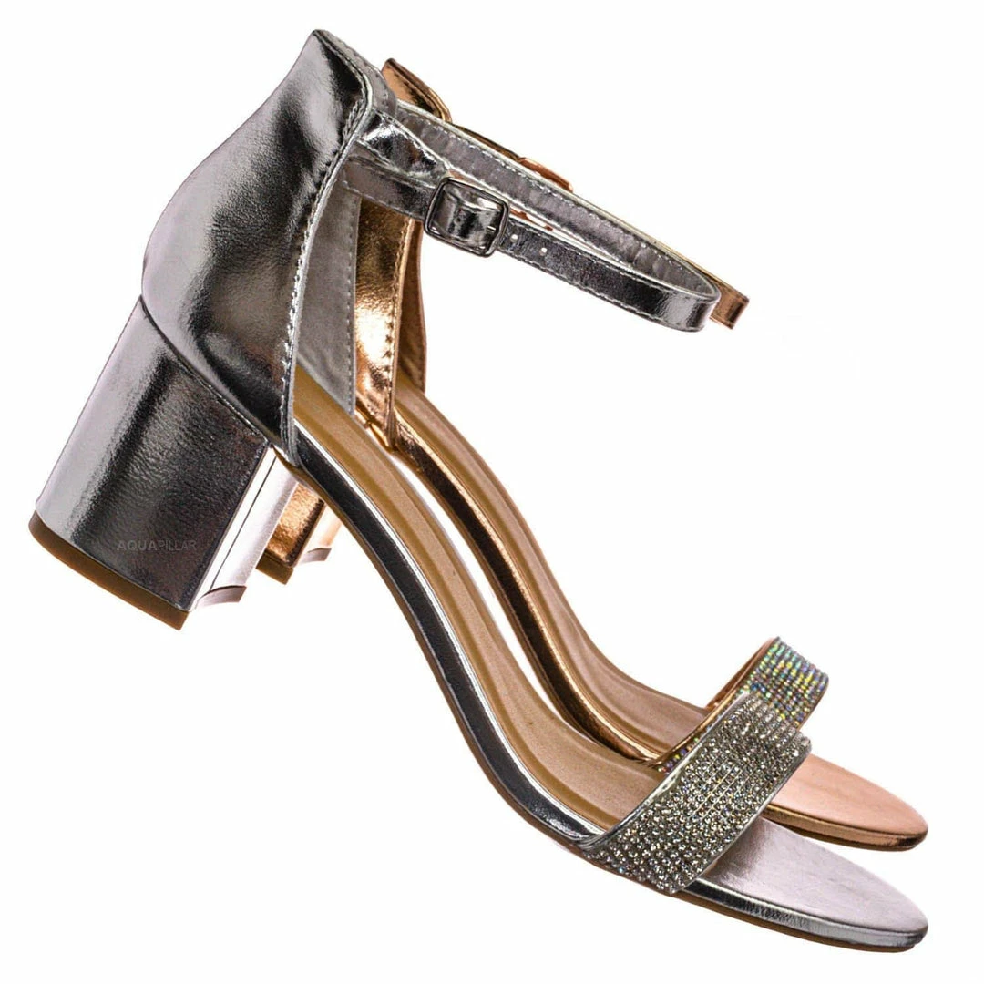 Bamboo New Headline31 Block Heel Rhinestone Crystal Sandal - Women Ankle Strap Dress Shoes