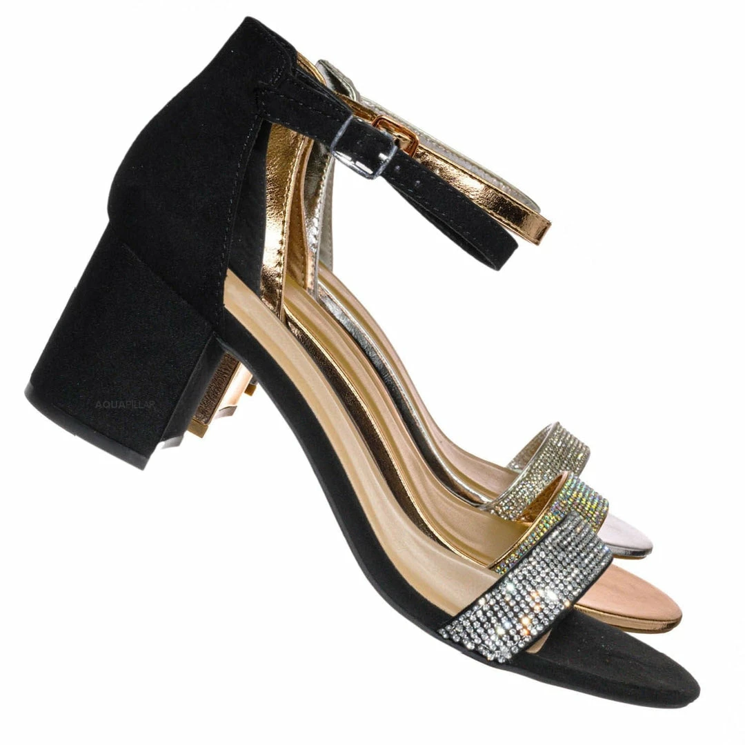 Bamboo New Headline31 Block Heel Rhinestone Crystal Sandal - Women Ankle Strap Dress Shoes