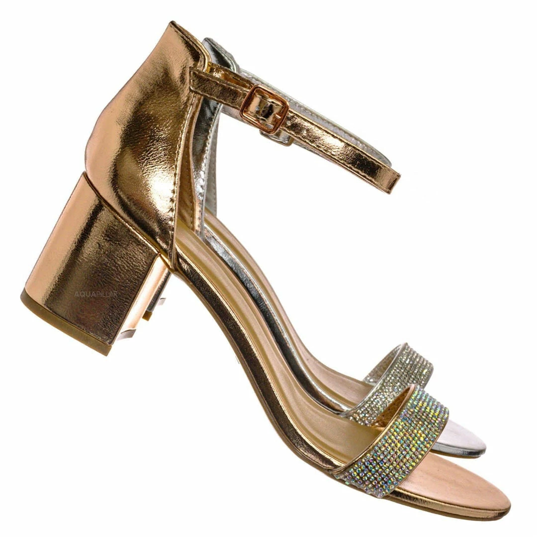 Bamboo New Headline31 Block Heel Rhinestone Crystal Sandal - Women Ankle Strap Dress Shoes