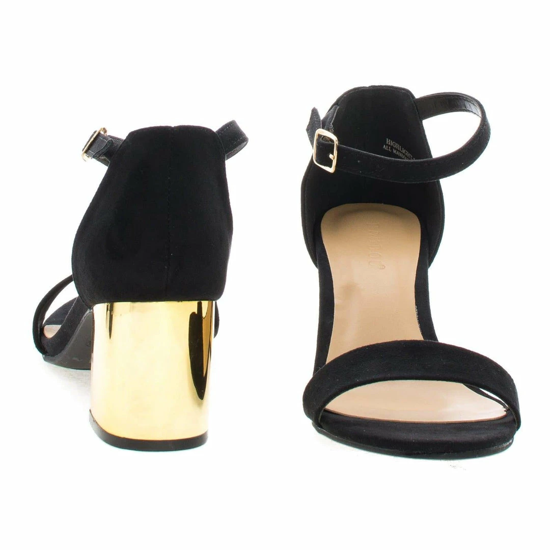 Highlight28 By Bamboo, Metal Plated Block Mid Heel Open Toe Sandal W Ankle Wrap Strap New