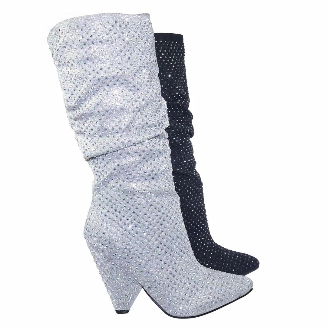 Bamboo Immerse06x Retro Rhinestone Embellished Glitter Boots On Cone Tapered Heel