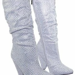 Bamboo Immerse06x Retro Rhinestone Embellished Glitter Boots On Cone Tapered Heel
