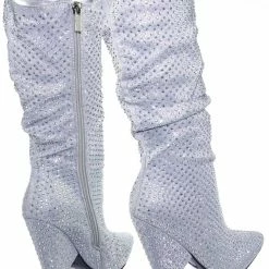 Bamboo Immerse06x Retro Rhinestone Embellished Glitter Boots On Cone Tapered Heel