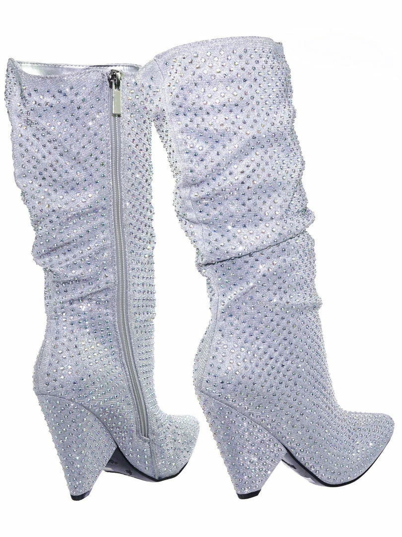 Bamboo Immerse06x Retro Rhinestone Embellished Glitter Boots On Cone Tapered Heel
