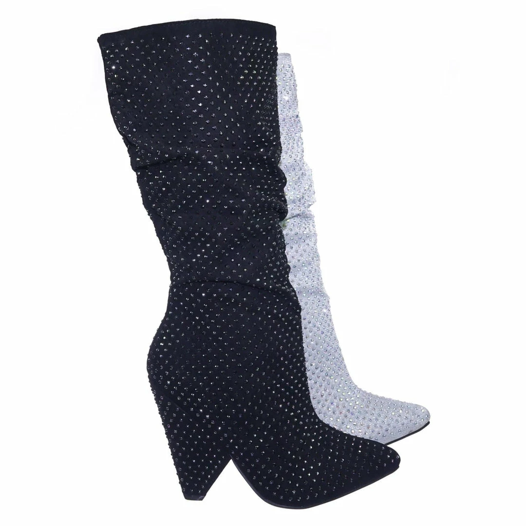 Bamboo Immerse06x Retro Rhinestone Embellished Glitter Boots On Cone Tapered Heel
