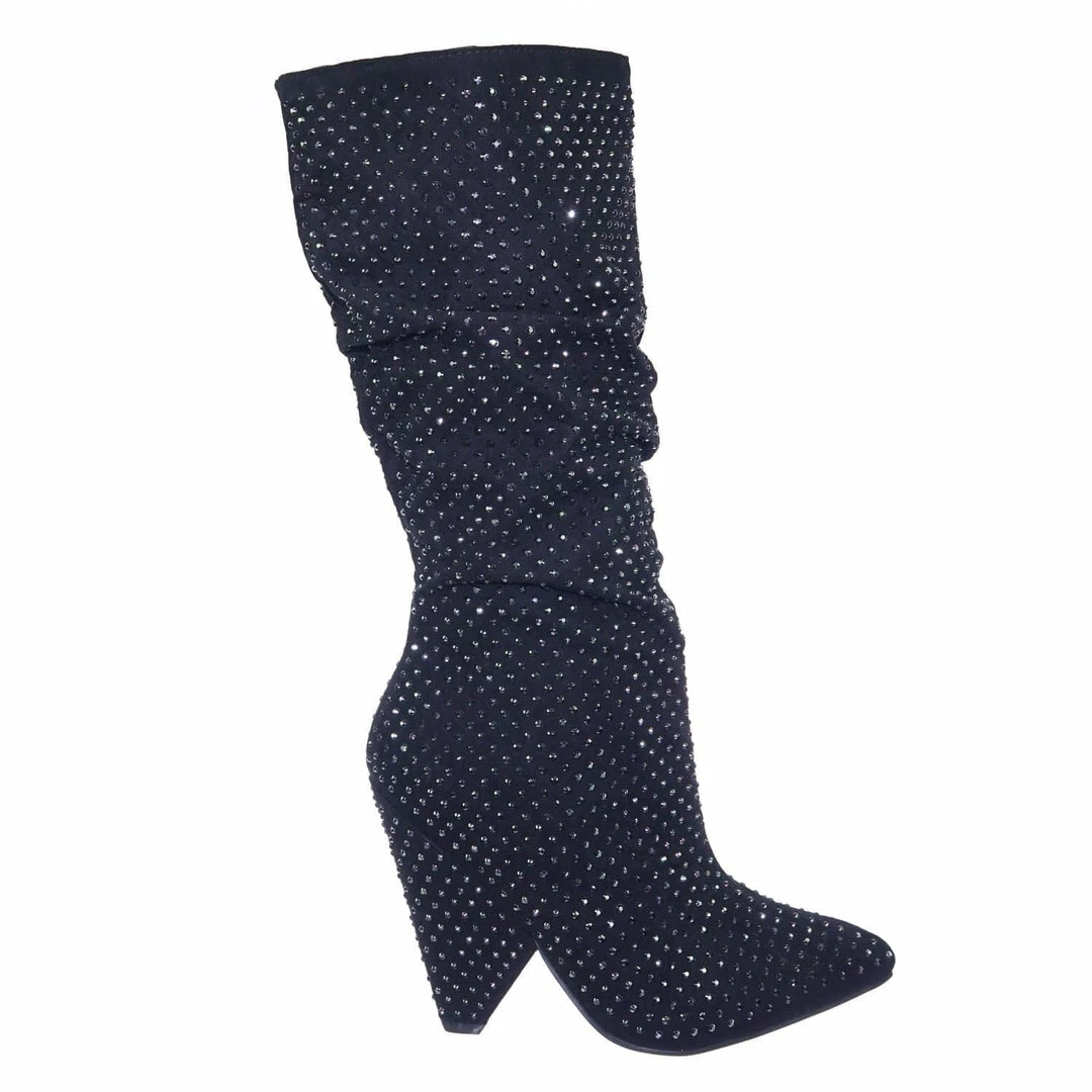 Bamboo Immerse06x Retro Rhinestone Embellished Glitter Boots On Cone Tapered Heel