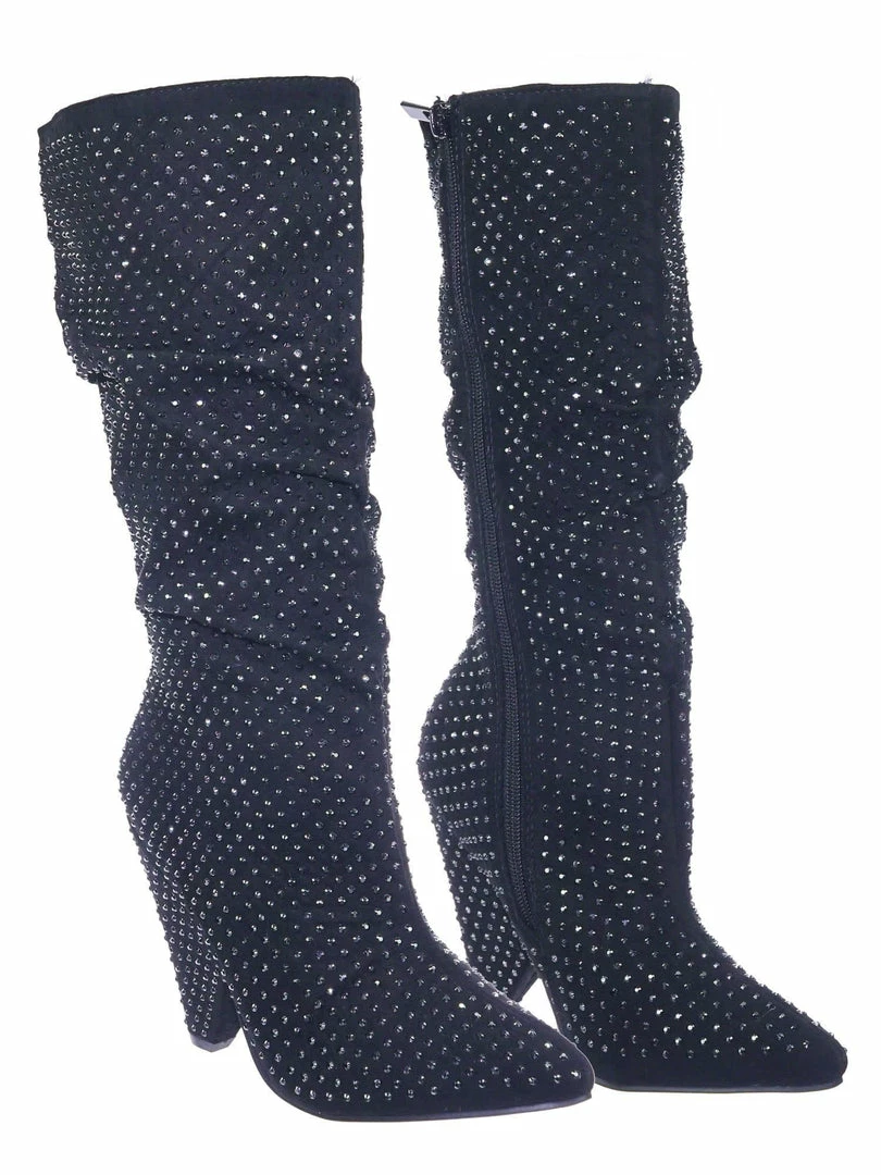 Bamboo Immerse06x Retro Rhinestone Embellished Glitter Boots On Cone Tapered Heel