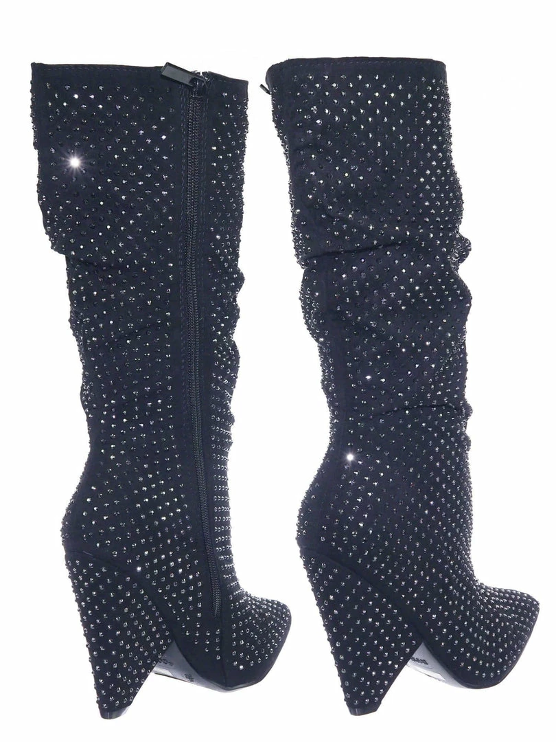 Bamboo Immerse06x Retro Rhinestone Embellished Glitter Boots On Cone Tapered Heel