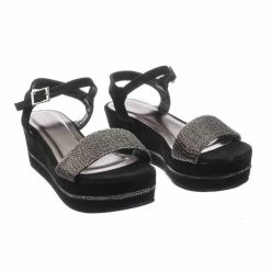 Bamboo Joyas03 Platform Flatform Sandal W Chain Fabric Upper Rhinestone Stud Strip