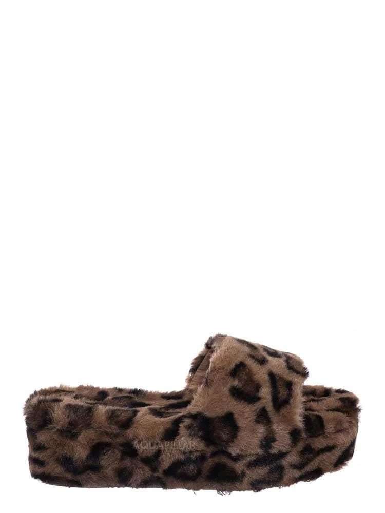 Bamboo Leverage12 Furry Platform Slides - Faux Fur Chunky Slipper In Rainbow & Leopard New