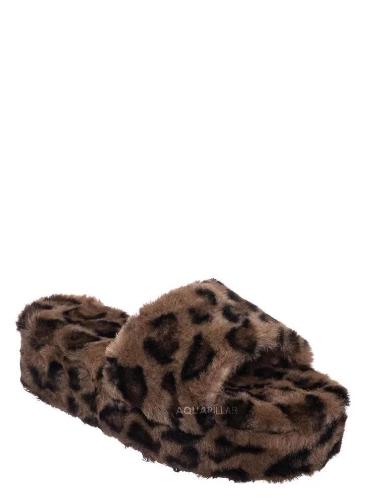 Bamboo Leverage12 Furry Platform Slides - Faux Fur Chunky Slipper In Rainbow & Leopard New