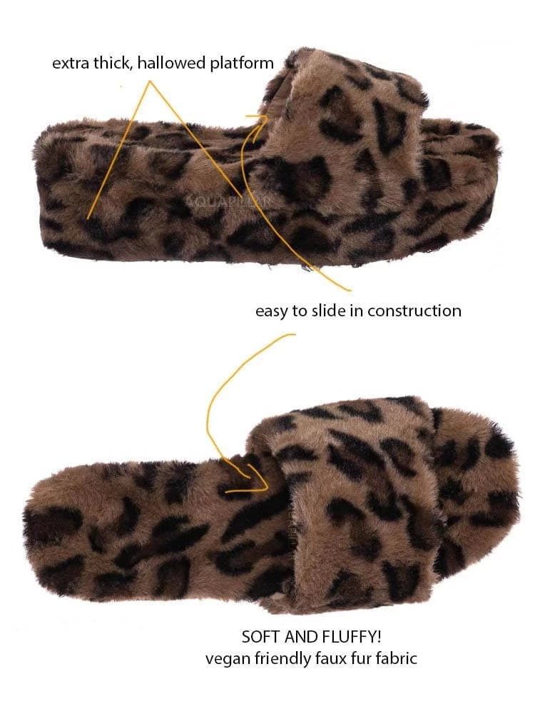 Bamboo Leverage12 Furry Platform Slides - Faux Fur Chunky Slipper In Rainbow & Leopard New