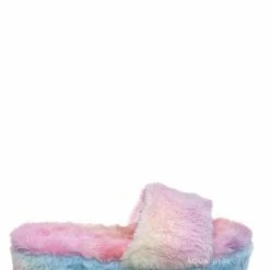 Bamboo Leverage12 Furry Platform Slides - Faux Fur Chunky Slipper In Rainbow & Leopard New