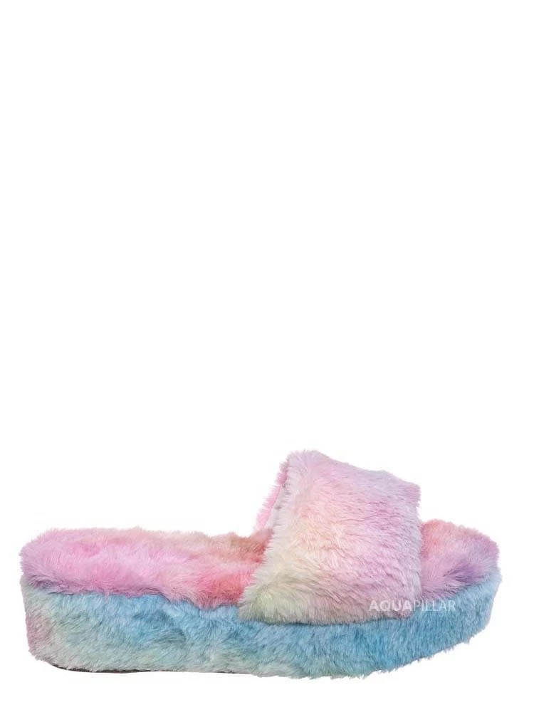 Bamboo Leverage12 Furry Platform Slides - Faux Fur Chunky Slipper In Rainbow & Leopard New