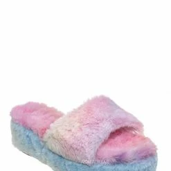 Bamboo Leverage12 Furry Platform Slides - Faux Fur Chunky Slipper In Rainbow & Leopard New