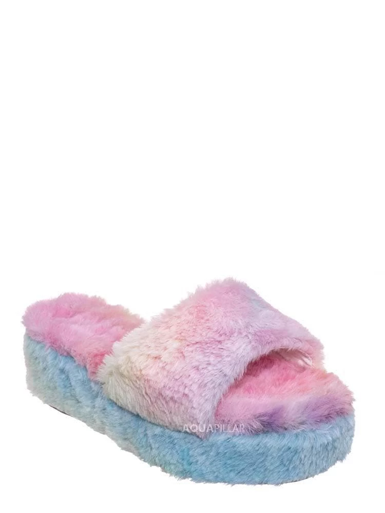 Bamboo Leverage12 Furry Platform Slides - Faux Fur Chunky Slipper In Rainbow & Leopard New