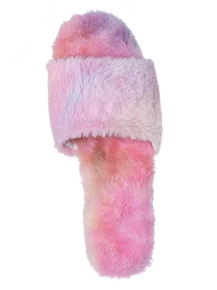 Bamboo Leverage12 Furry Platform Slides - Faux Fur Chunky Slipper In Rainbow & Leopard New