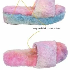 Bamboo Leverage12 Furry Platform Slides - Faux Fur Chunky Slipper In Rainbow & Leopard New