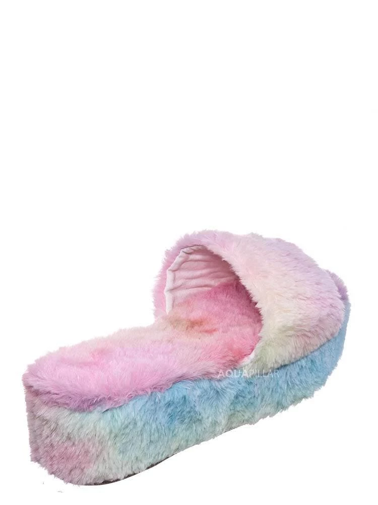 Bamboo Leverage12 Furry Platform Slides - Faux Fur Chunky Slipper In Rainbow & Leopard New