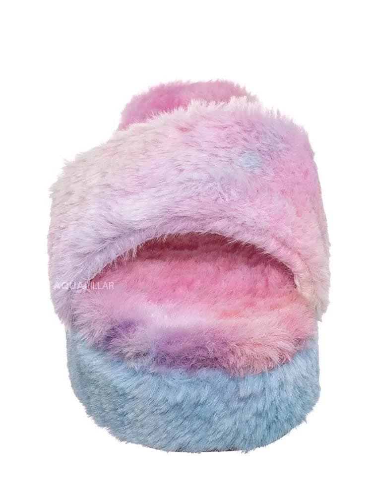 Bamboo Leverage12 Furry Platform Slides - Faux Fur Chunky Slipper In Rainbow & Leopard New