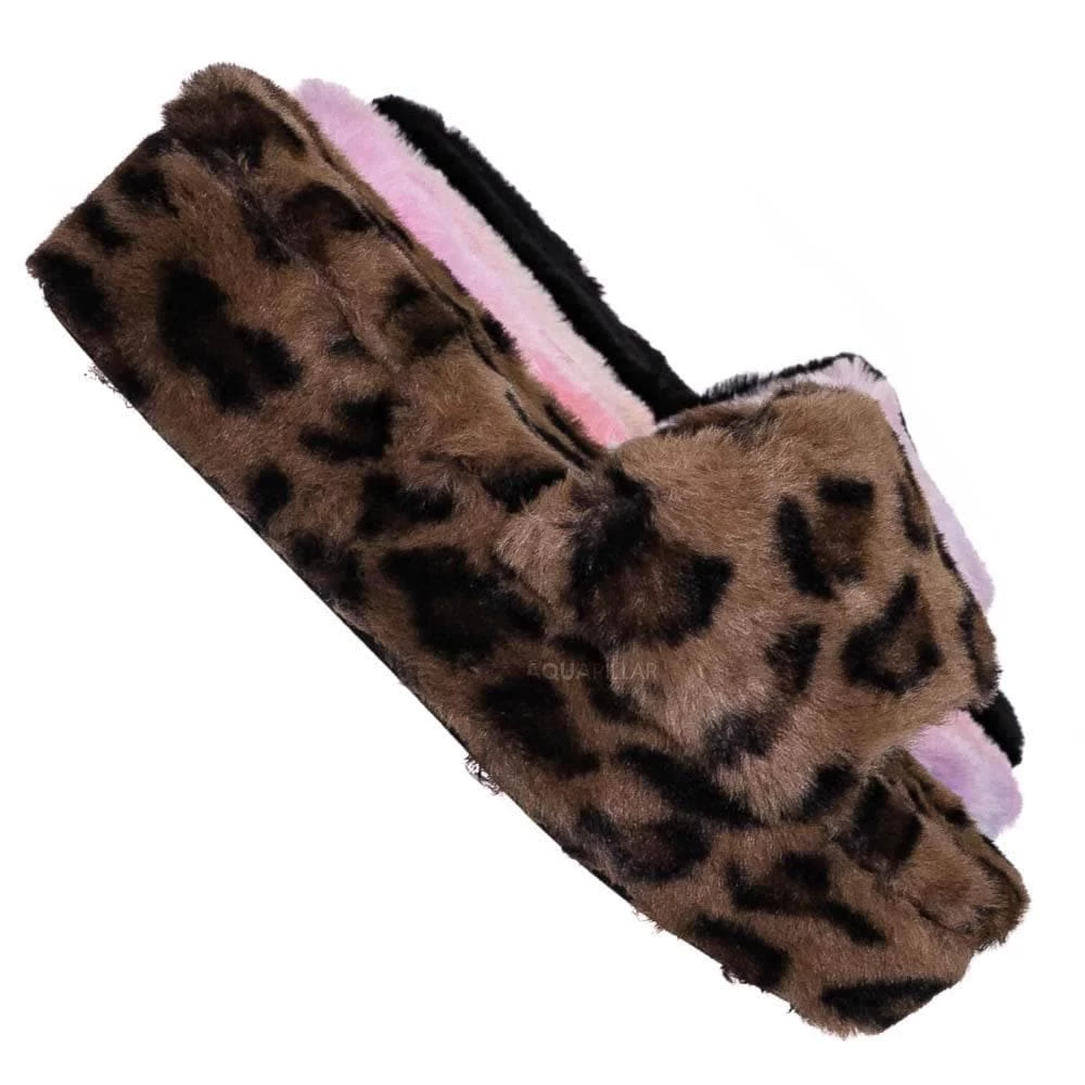 Bamboo Leverage12 Furry Platform Slides - Faux Fur Chunky Slipper In Rainbow & Leopard New