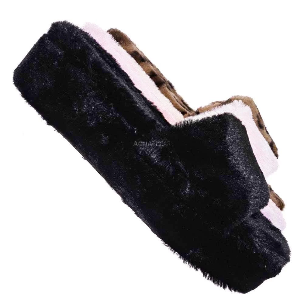 Bamboo Leverage12 Furry Platform Slides - Faux Fur Chunky Slipper In Rainbow & Leopard New