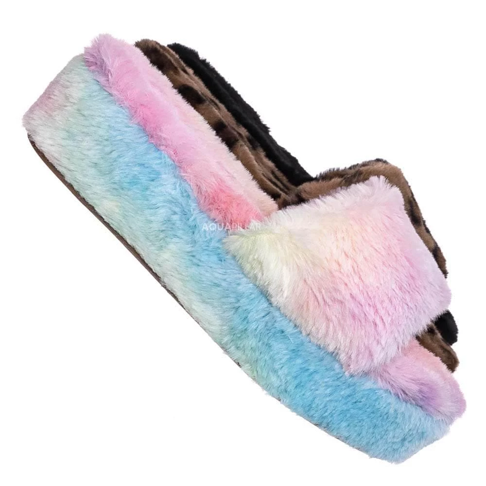 Bamboo Leverage12 Furry Platform Slides - Faux Fur Chunky Slipper In Rainbow & Leopard New