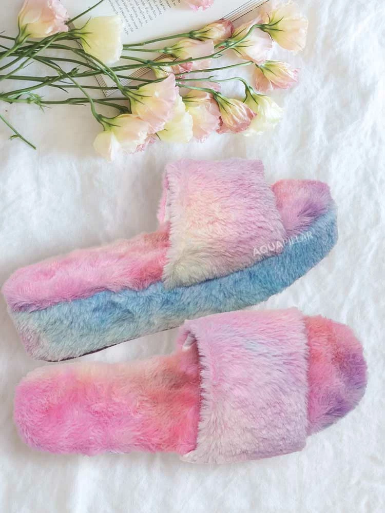 Bamboo Leverage12 Furry Platform Slides - Faux Fur Chunky Slipper In Rainbow & Leopard New