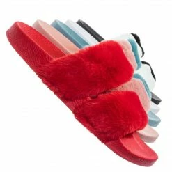Bamboo Liv04 Faux Fur Footbed Slides - Cozy Double Strap Furry Contour Slide In Sandals