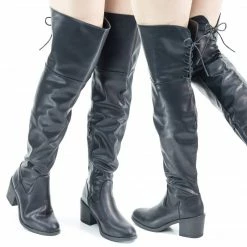 Bamboo Louie05 Faux Fur Inner Lining W Corset Lace Up Over Knee Thigh High Block Heel