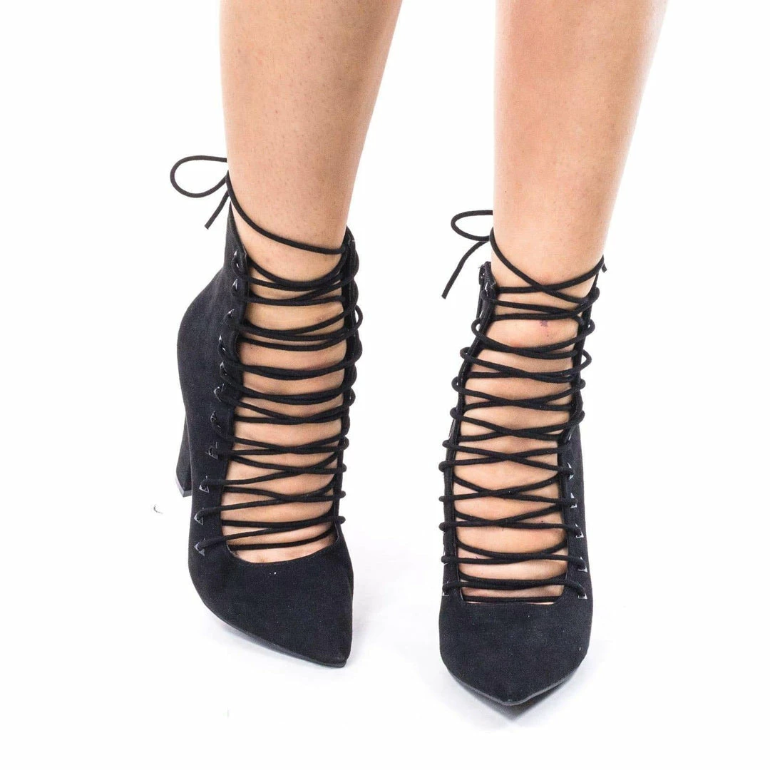 Bamboo New Madam15M Block Heel Dress Pump W Corset Lace Up & Leg Wrap. High Ankle Bootie