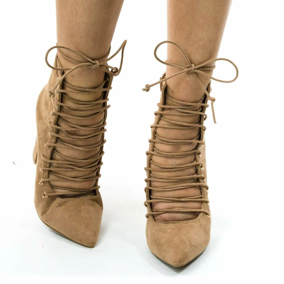 Bamboo New Madam15M Block Heel Dress Pump W Corset Lace Up & Leg Wrap. High Ankle Bootie