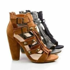 Mash15 Grey By Bamboo, Fringe Birdcage Studded Casual Heels