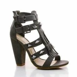 Mash15 Grey By Bamboo, Fringe Birdcage Studded Casual Heels