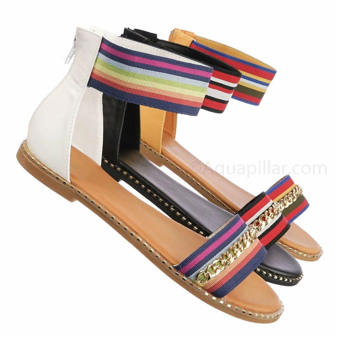 Bamboo Minimal71 Rainbow Strap Micro Stud Flat Sandal - Metal Chain Stud Midsole Trim New