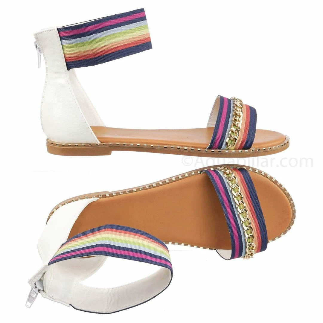 Bamboo Minimal71 Rainbow Strap Micro Stud Flat Sandal - Metal Chain Stud Midsole Trim New