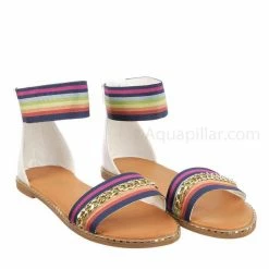 Bamboo Minimal71 Rainbow Strap Micro Stud Flat Sandal - Metal Chain Stud Midsole Trim New