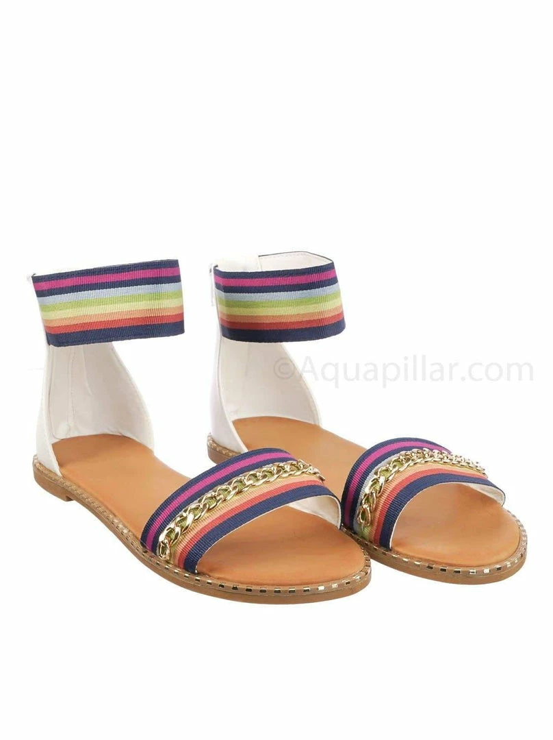 Bamboo Minimal71 Rainbow Strap Micro Stud Flat Sandal - Metal Chain Stud Midsole Trim New