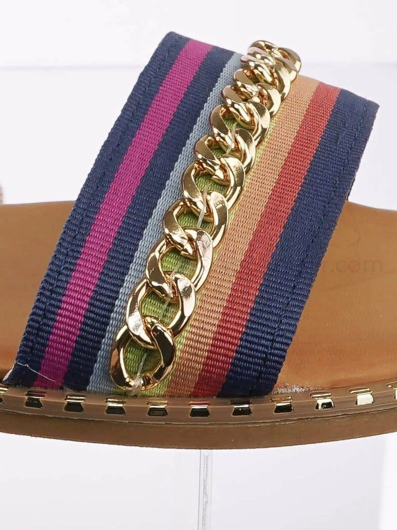 Bamboo Minimal71 Rainbow Strap Micro Stud Flat Sandal - Metal Chain Stud Midsole Trim New