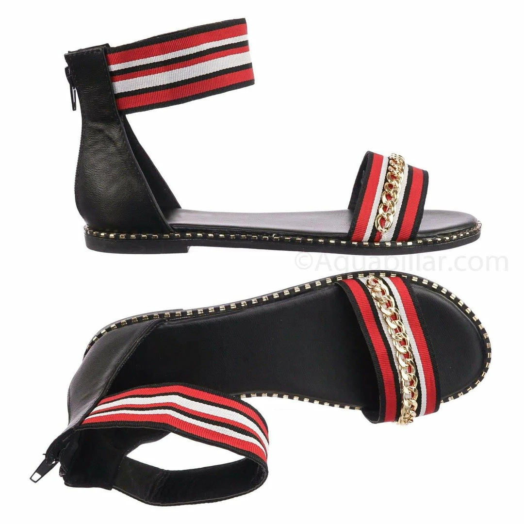 Bamboo Minimal71 Rainbow Strap Micro Stud Flat Sandal - Metal Chain Stud Midsole Trim New