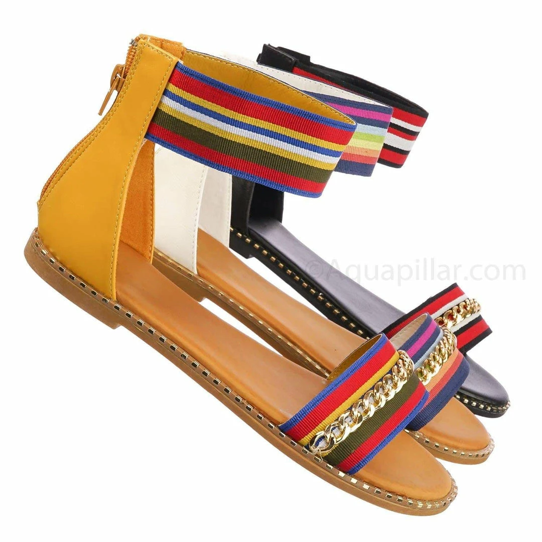 Bamboo Minimal71 Rainbow Strap Micro Stud Flat Sandal - Metal Chain Stud Midsole Trim New