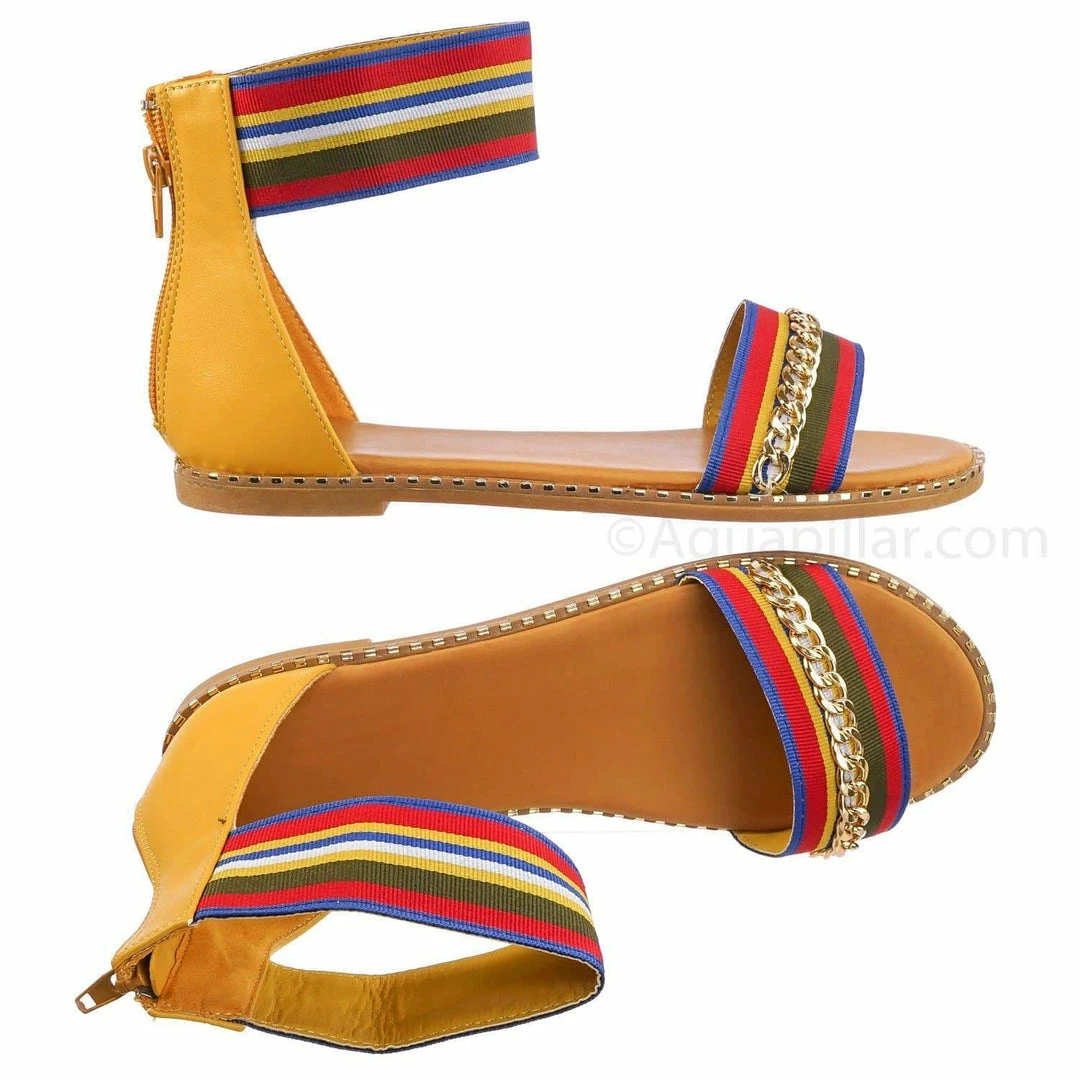Bamboo Minimal71 Rainbow Strap Micro Stud Flat Sandal - Metal Chain Stud Midsole Trim New