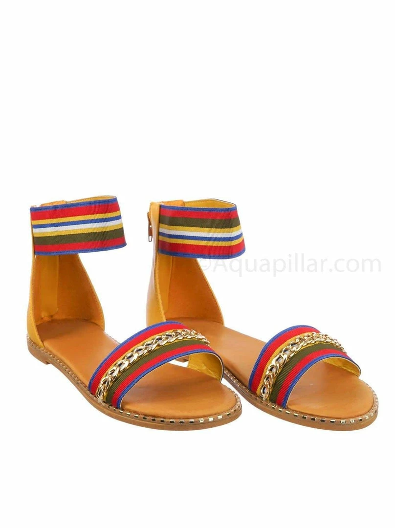 Bamboo Minimal71 Rainbow Strap Micro Stud Flat Sandal - Metal Chain Stud Midsole Trim New