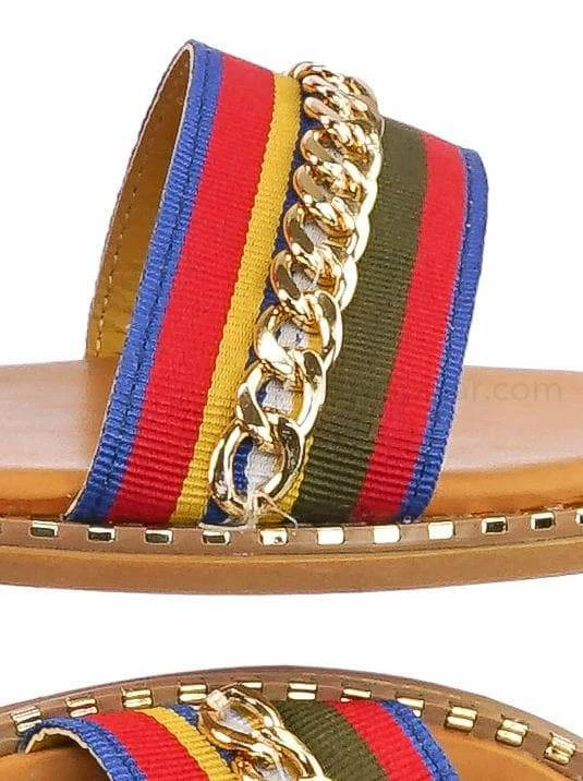 Bamboo Minimal71 Rainbow Strap Micro Stud Flat Sandal - Metal Chain Stud Midsole Trim New