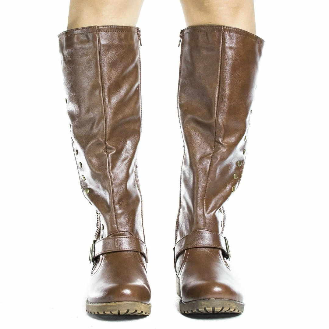 New Monterey01 By Bamboo, Knee High Studded Motto Faux Wooden Heel Riding Boots