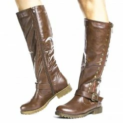 New Monterey01 By Bamboo, Knee High Studded Motto Faux Wooden Heel Riding Boots