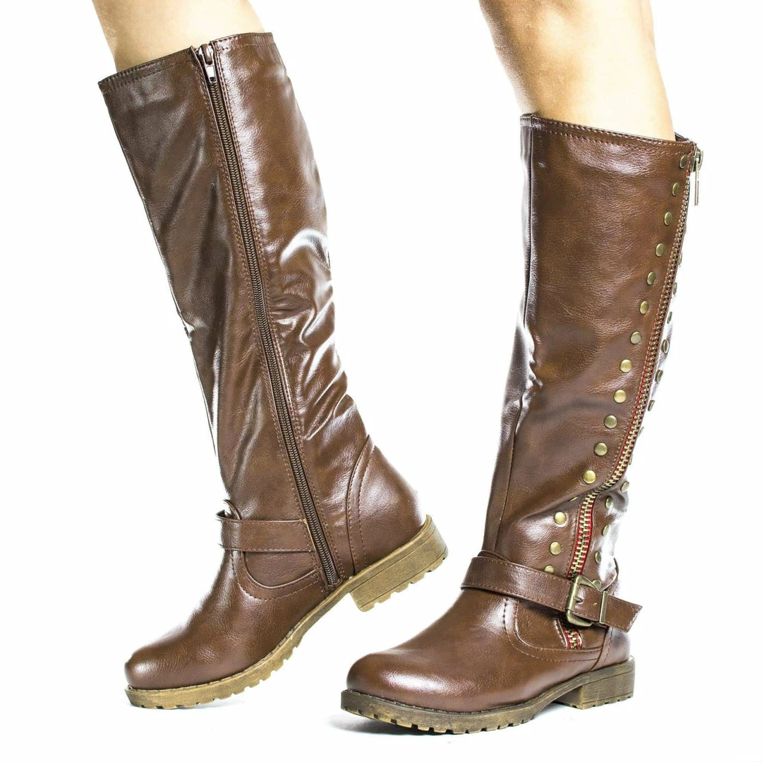 New Monterey01 By Bamboo, Knee High Studded Motto Faux Wooden Heel Riding Boots